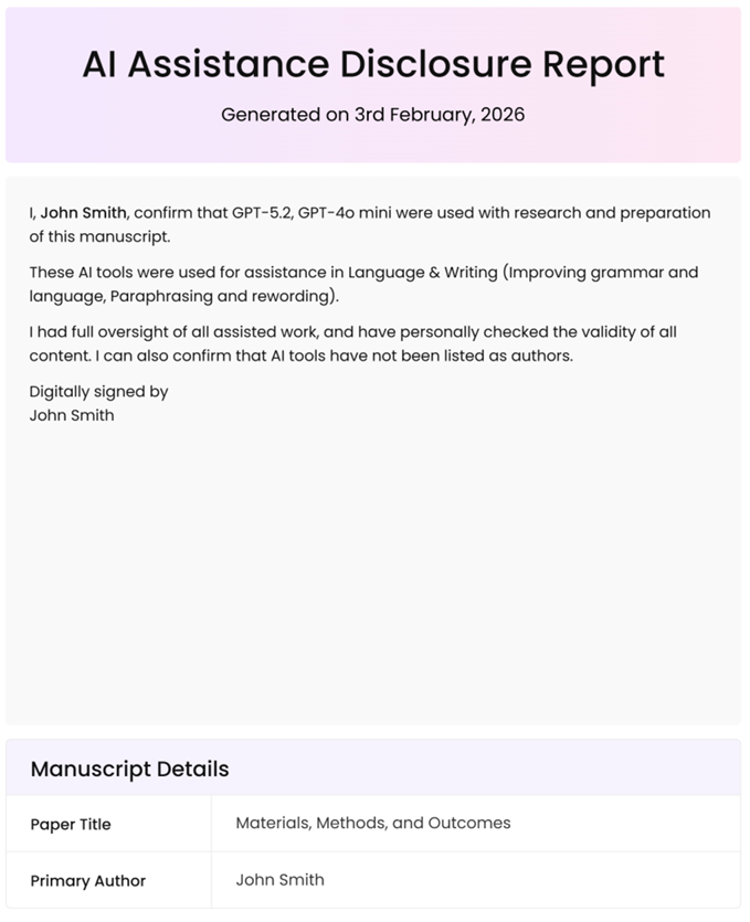 Declaration & disclosure statements of AI use
